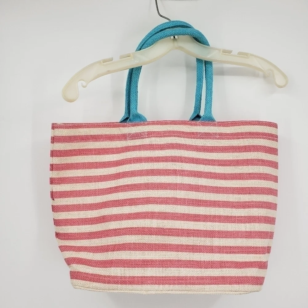 MUD Pie unisex mermaid tote bag pink stripe sequin woven fiber aqua handles